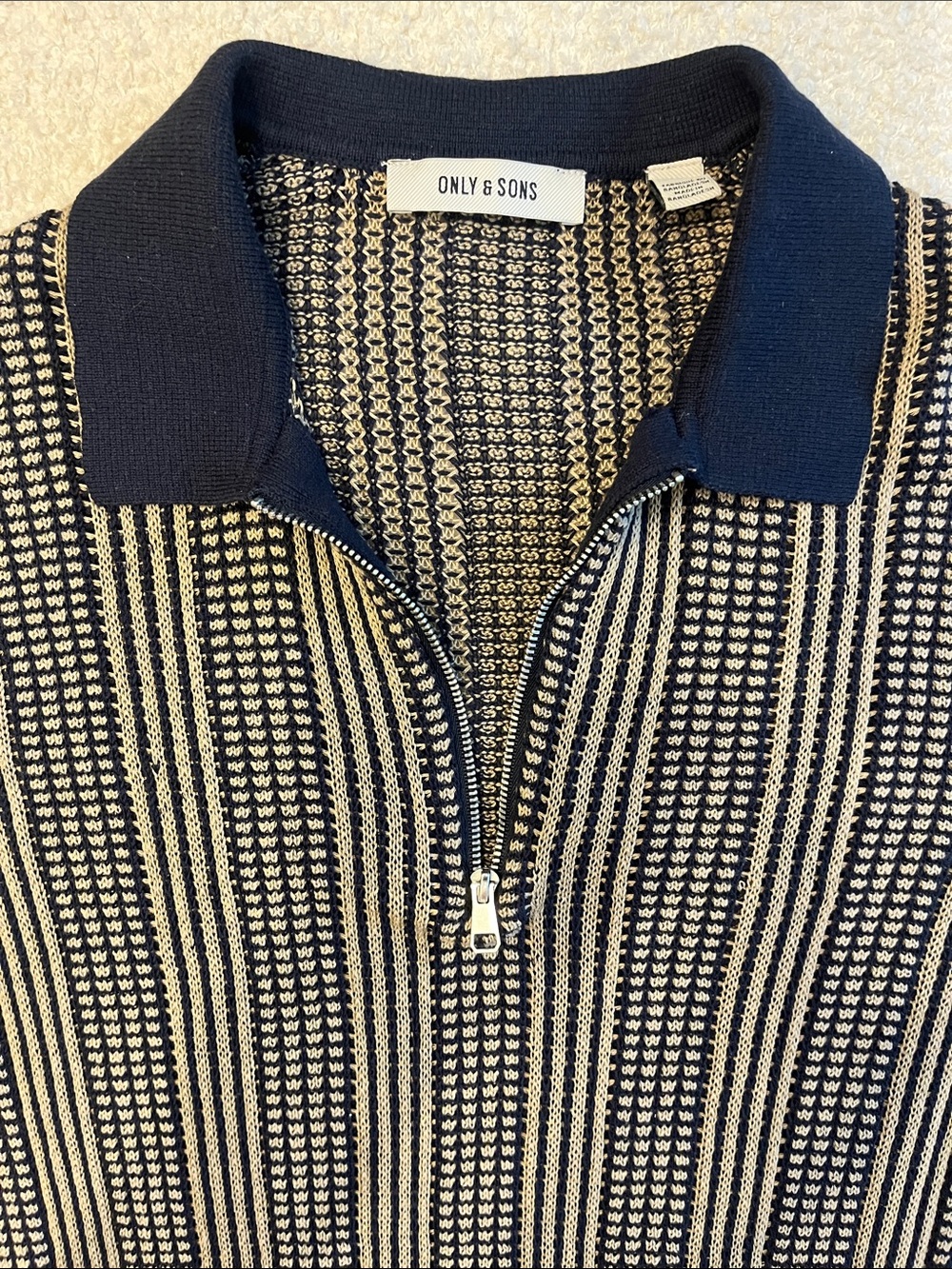 ONLY & SONS Navy and Tan Striped Polo Knit Top